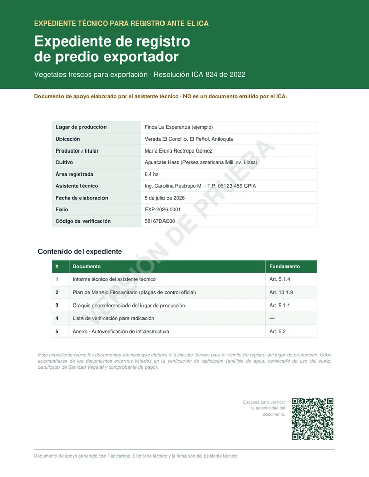 Portada del expediente de registro de predio exportador generado por Radicampo