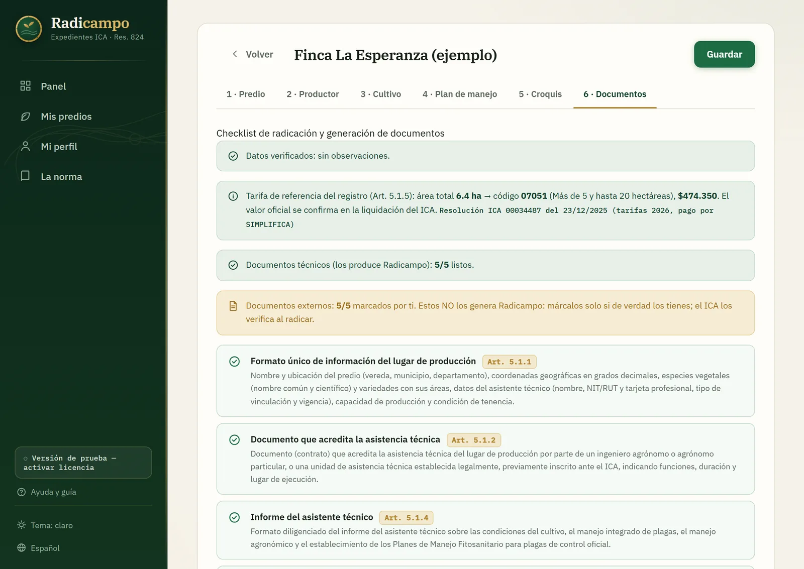 Checklist de radicación y generación de documentos en Radicampo